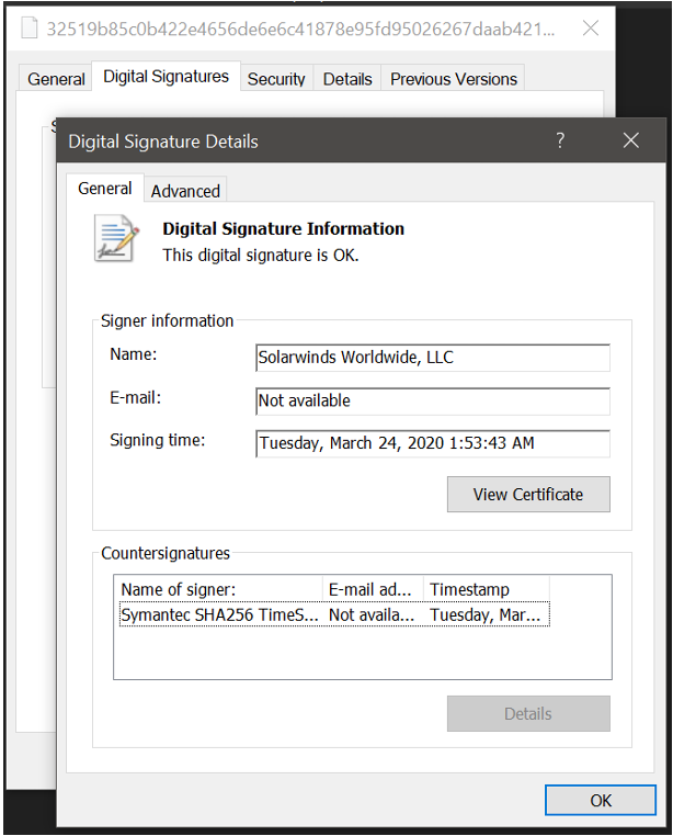 Firma digital de SolarWinds Orion con puerta trasera.  Foto: FireEye.