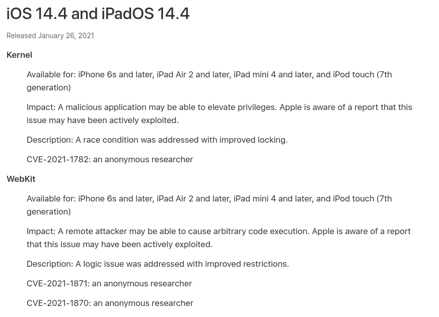 Apple statement on vulnerabilities fixed in version 14.4.