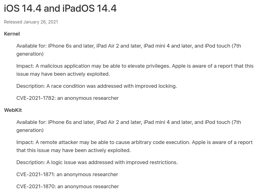 Declaración de Apple sobre vulnerabilidades corregidas en la versión 14.4.